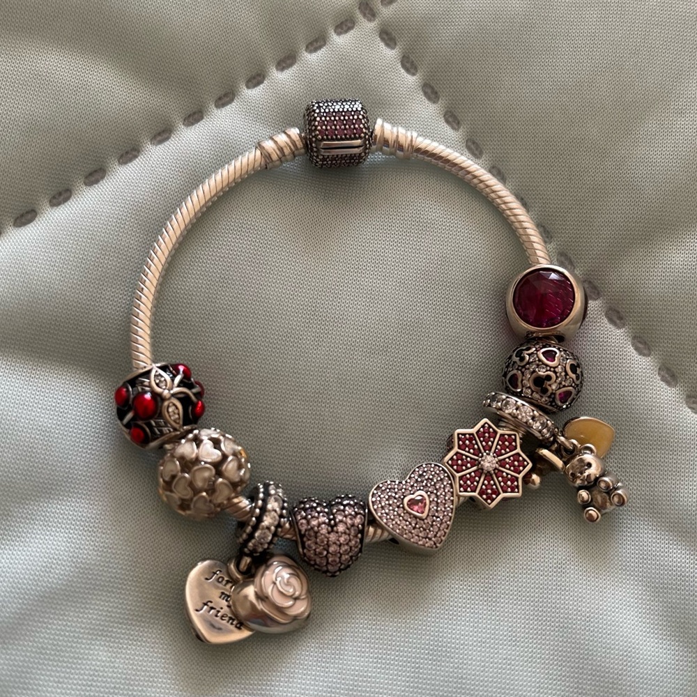 Pandora 17cm Pave bracelet & 9 Pandora Charms
